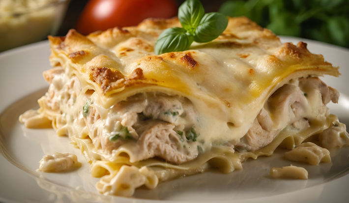 Imagem aproximada de uma fatia de lasanha de frango sobre um prato branco mostrando as camadas e recheio cremoso, gratinado com queijo e decorado com manjericão.