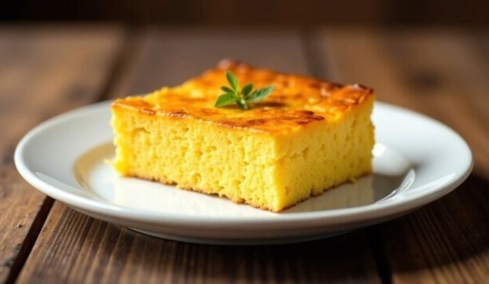 Fotografia de uma fatia de bolo de fubá com erva-doce, apresentada em um prato cerâmico branco. A crosta dourada e o interior amarelo vibrante sugerem uma textura fofa, decorada com ervas verdes frescas.