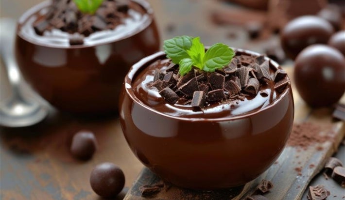 Fotografia de dois recipientes pequenos de vidro com a sobremesa de chocolate.