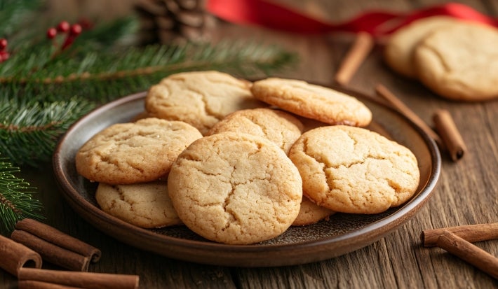 Em cima de uma mesa, prato com biscoitos redondos dourados crocantes, polvilhado com açúcar.