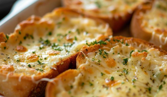 Fotografia de quatro fatias de torrada com queijo gratinada e salsinha, estão dentro de um refratário branco raso.