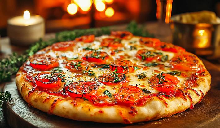 Fotografia em tons de vermelho e marrom com uma tábua de madeira ao centro. Em cima da tábua existe uma pizza com massa de pão sírio estilo margherita com tomate, queijo e manjericão