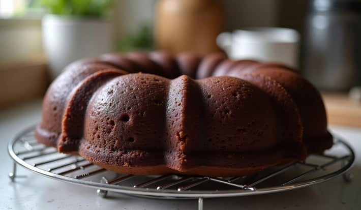 Fotografia de um bolo de chocolate em uma grade de resfriamento, com cor marrom escuro e superfície brilhante. O fundo desfocado mostra uma cozinha aconchegante, criando uma atmosfera convidativa.