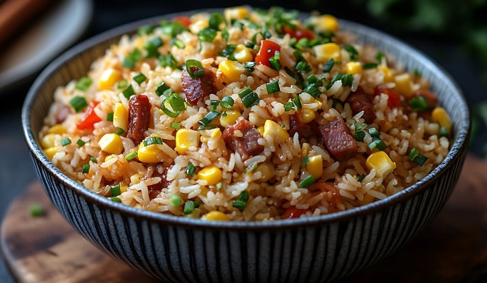 Em cima de uma mesa, tigela com porção de arroz soltinho com pedaços de calabresa picado, milho, pimentão e ervilha, decorado com cheiro-verde picados.
