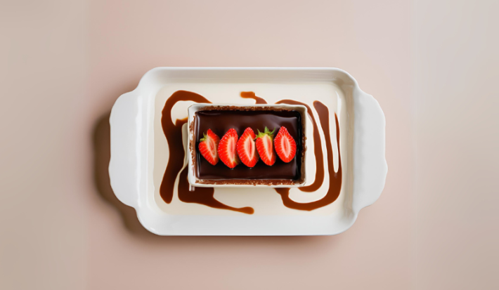 Fotografia vista de cima de uma sobremesa de 4 leites com chocolate e morango dentro de uma travessa retangular branca.