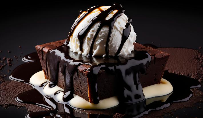 Fotografia de Sorvete NESTLÉ sobre uma fatia de bolo de chocolate cremoso e calda.