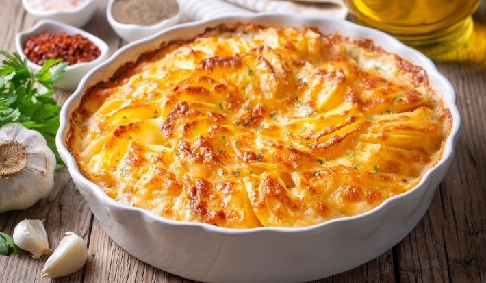 Em cima de uma mesa, refratário com batata gratinada, decorado com cebolinha picada.