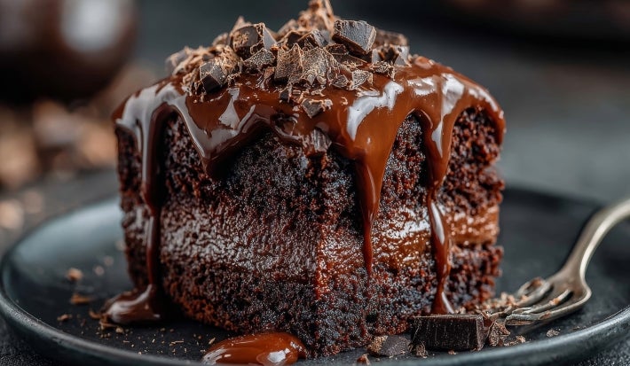 Uma fatia espessa de bolo de chocolate com recheio cremoso no meio, coberta por uma generosa camada de ganache brilhante que escorre pelas laterais. O topo é finalizado com pedaços de chocolate, trazendo ainda mais sabor e textura.