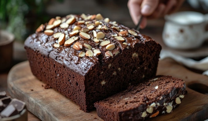 Bolo de chocolate denso, parcialmente fatiado, com amêndoas fatiadas por cima. Ele repousa em uma tábua de madeira, com uma mão segurando uma faca ao fundo, criando uma atmosfera acolhedora e convidativa.