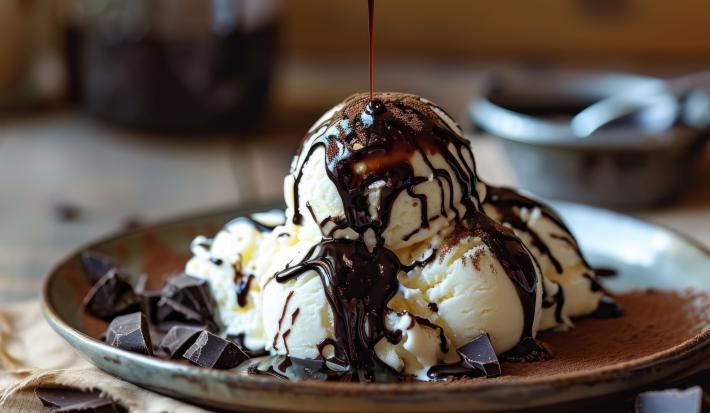 Fotografia de quatro bolas de sorvete preparado com leite MOÇA e creme de leite, e por cima, bastante calda de Nescau e pedaços de chocolate. A sobremesa está em um prato raso de cor marrom, está apoiado em um pano bege, sobre uma mesa de madeira marrom.