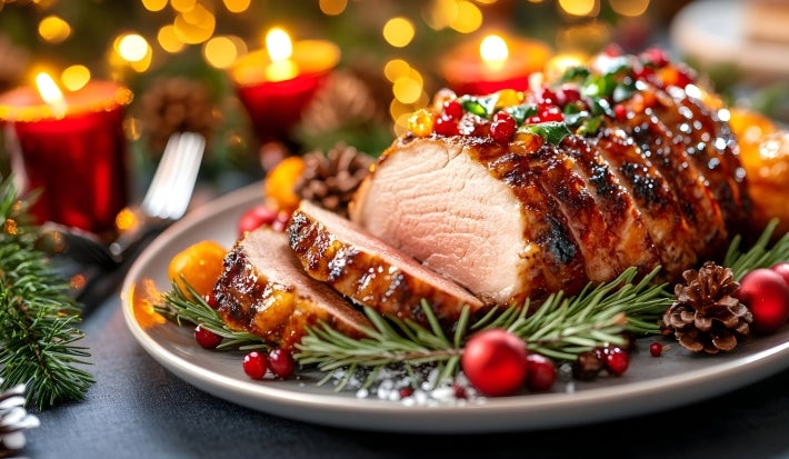 Fotografia com decorações e velas de natal. No centro tem um prato cinza raso com o tender com duas fatias cortadas e enfeites de natal.