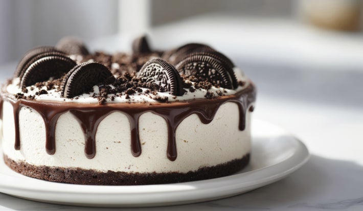 Foto da receita de cheesecake de chocolate com negresco servida em um prato de porcelana branco com o fundo desfocado