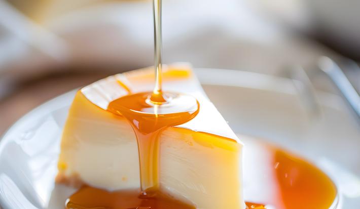 Imagem aproximada de uma fatia de Pudim em um prato branco com a calda de caramelo caindo sore a fatia.