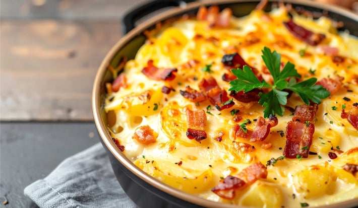 Em cima de uma mesa, refratário redondo com batata cremosa gratinada com queijo e bacon.