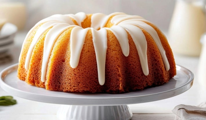 Fotografia de um bolo bundt em um suporte branco. O bolo, com textura úmida e dourada, é coberto por uma cobertura branca espesso que escorre elegantemente.