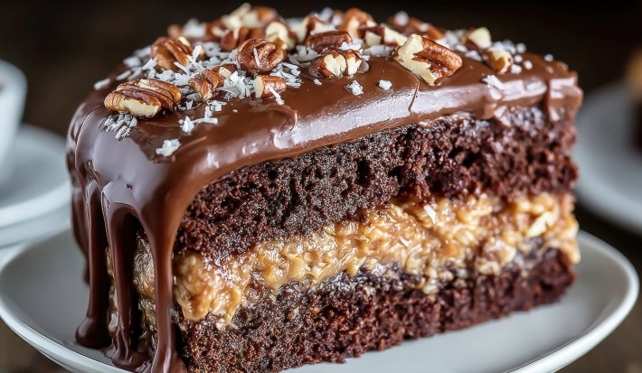 Fotografia de uma fatia de bolo de chocolate em um prato branco, com duas camadas de bolo úmido, recheio de doce de leite, coberta por ganache e decorada com castanhas picadas.