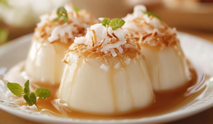 Fotografia de três mini pudins de coco com calda de coco queimado, sobre um prato fundo branco de vidro. Por cima dos pudins tem lascas de coco e algumas folhas de hortelã.