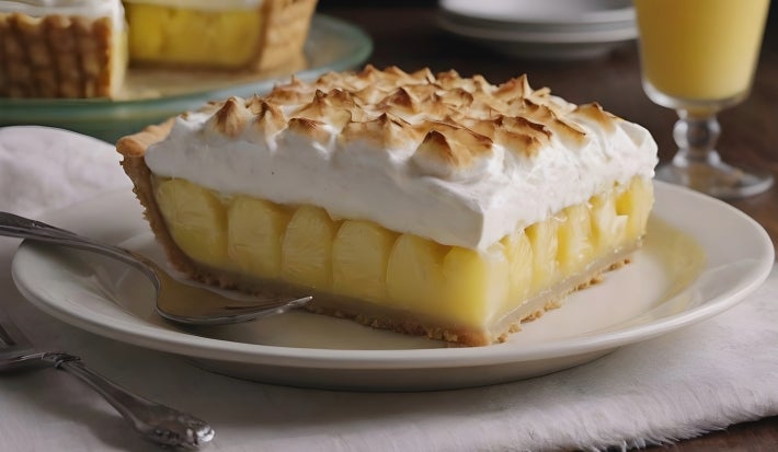 Fotografia de uma fatia grande de uma torta de abacaxi com o chantilly maçaricado por cima. A fatia está sobre um prato branco e raso de vidro.