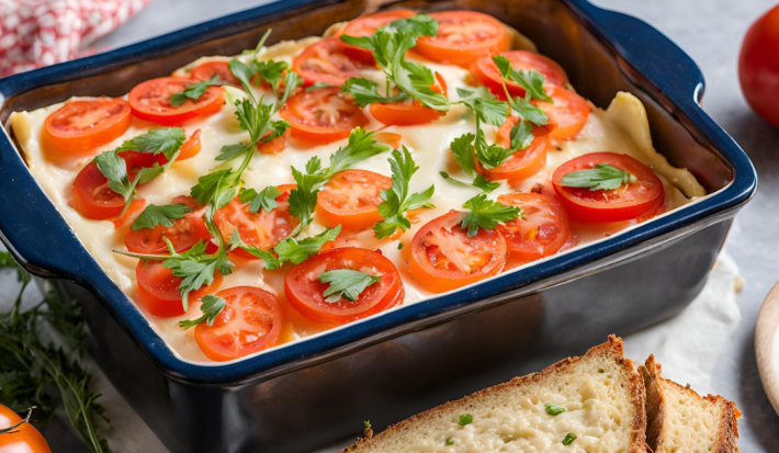 Fotografia mostra uma forma retangular contendo uma torta salgada natalina decorada com fatias de tomate