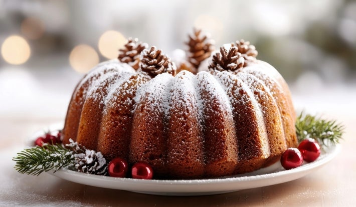 Fotografia de um bolo bundt de Natal em um prato branco. O bolo é coberto com açúcar de confeiteiro e decorado com pinhas, cercado por ramos de pinheiro e enfeites vermelhos.