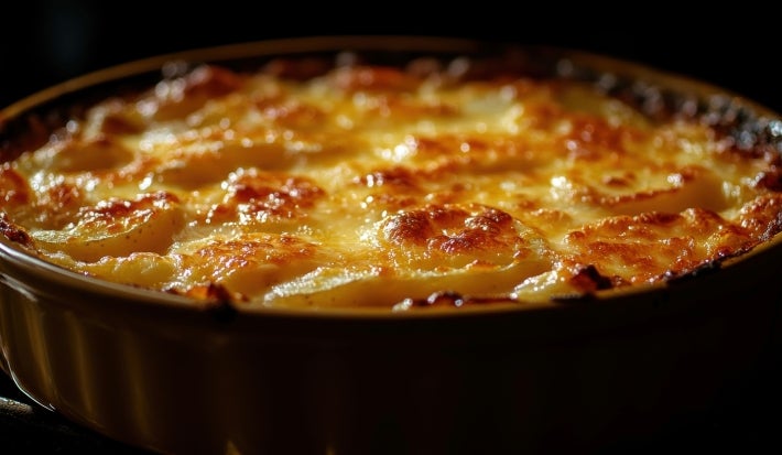 Em cima de uma mesa, refratário redondo com batata e queijo gratinado.