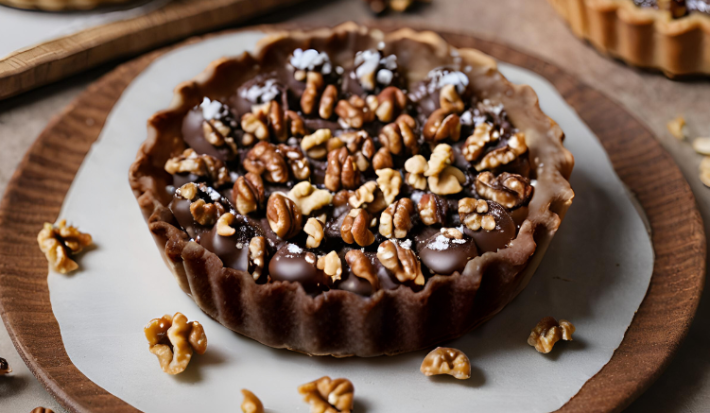 Fotografia em tons de maeeom com uma torta Chocolate com Nozes e Caramelo Salgado ao centro. A base da torta é feita com biscoito de chocolate, recheada com um creme de chocolate e caramelo salgado e, por cima, pedaços de nozes.