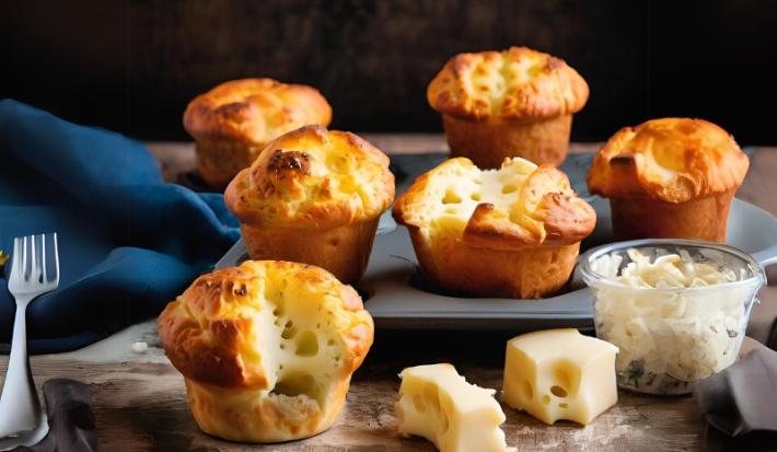 Fotografia em tons de azul e cinza com vários pães de queijo feitos dentro de forminhas de cupcakes.
