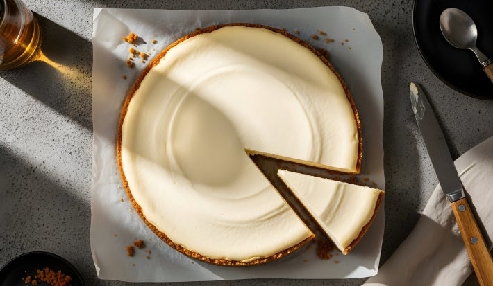 Fotografia vista de cima de uma torta de creme de leite condensado, tipo cheesecake, com uma fatia afastada do restante da torta.