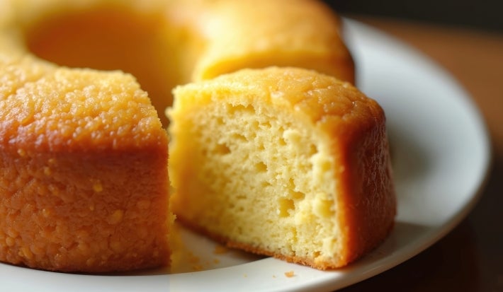 Fotografia de um bolo bundt recém-assado, com crosta dourada e interior macio, apresentado em um prato branco. A textura é suave e esponjosa, destacando um aspecto caseiro e apetitoso.