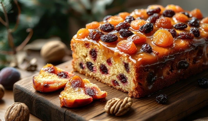Fotografia de um bolo de frutas natalino, com uma crosta dourada e brilhante, coberto por uma cobertura úmida e caramelizada. O interior denso revela frutas secas, como uvas-passas e damascos, em um ambiente festivo com nozes ao redor.