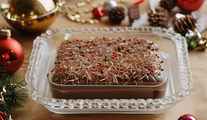 Foto da receita de doce abraço de natal, um pavê decorado com raspas de chocolate, lindíssimo e servido sobre uma mesa decorada com itens de natal