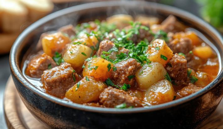 Imagem de um bowl escuro com a receita de picadinho de carne, batata e cenoura polvilhada com salsinha.