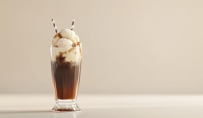 Imagem de uma taça de vidro grande contendo um liquido escuro em baixo que vai se mesclando com um creme branco que está por cima.