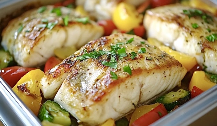 Refratário com pedaços de bacalhau e pimentões e tomates picados.