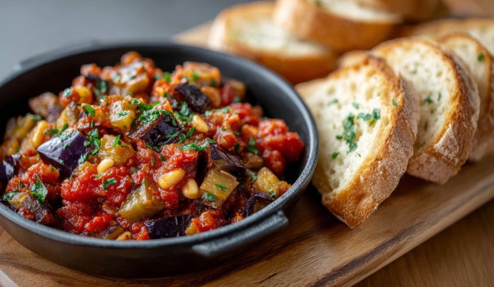 Fotografia mostra uma caponata natalina colorida servida em um prato de ferro, com cubos de berinjela dourada, pimentão e fatias de pão.