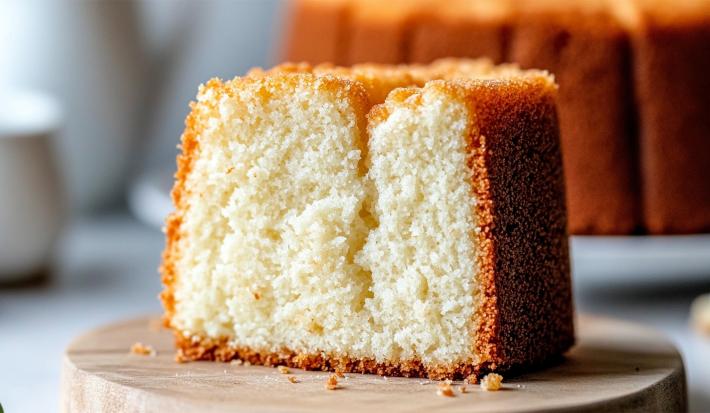 Fotografia em tons claros com uma fatia de bolo de arroz cru ao centro. A fatia de bolo tem aspecto fofinho e possui uma massa bem clara.