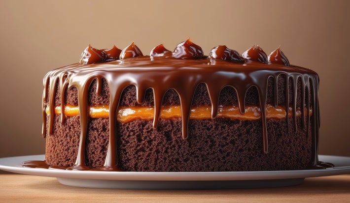Fotografia de um bolo de chocolate com cobertura cremosa em um prato branco, com uma camada de recheio de doce de leite e coberto por um ganache brilhante que escorre pelas laterais.
