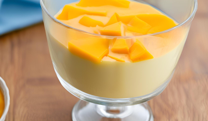 Foto da receita de Flan de Manga. Observa-se um copinho de vidro com o flan dentro amarelo e mangas picadas por cima. Imagem gerada por IA.