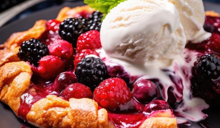 Fotografia de um crepe com sorvete de creme, geleia e frutas vermelhas.