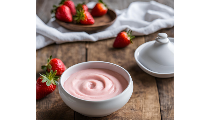 Foto de um pote branco redondo com creme rosa dentro, sobra uma bancada de madeira com diversos morangos espalhados, um tecido branco ao fundo e mais uma tábua de madeira