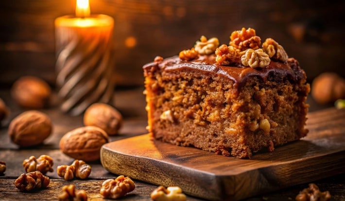 Fotografia de um pedaço de bolo rico e úmido, coberto com uma camada brilhante de chocolate, decorado com nozes inteiras, em um ambiente acolhedor com uma vela ao fundo.
