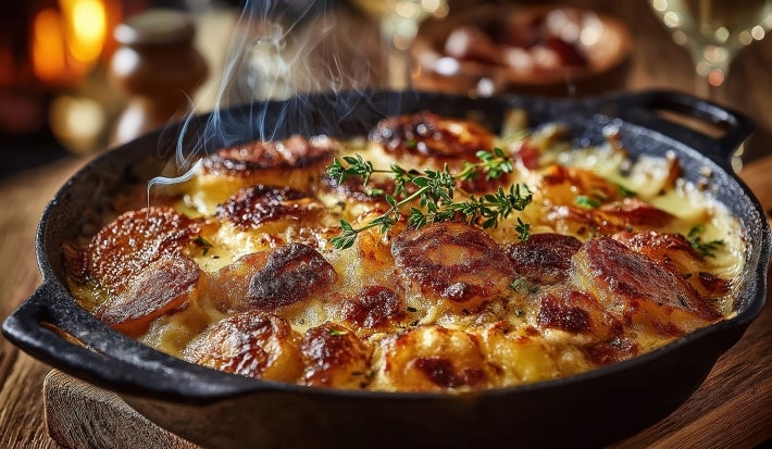 Em cima de uma mesa, frigideira grande com batatas crocantes com queijo gratinada.