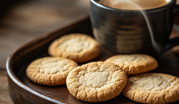 Em cima de uma mesa, prato com biscoitos redondos dourados e crocantes. Ao lado, xícara com café.