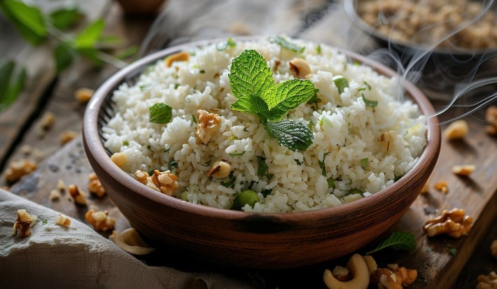 Em uma mesa, tigela de porcelana marrom com porção de arroz branco com castanhas e nozes cortadas em pedaços, decorado com uma folha de hortelã.