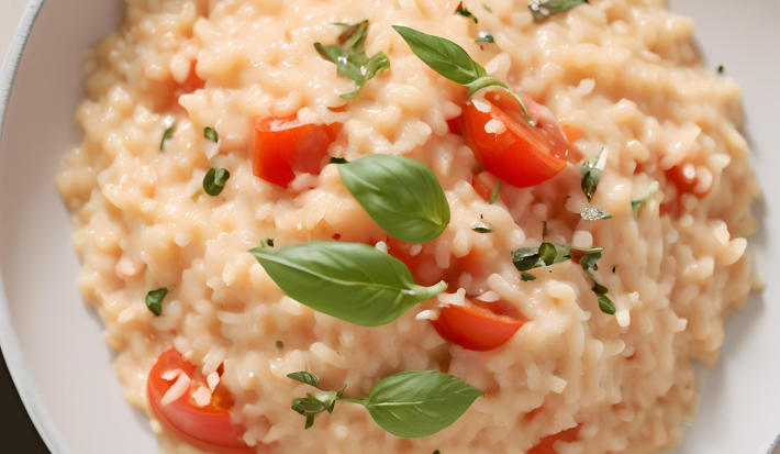 Fotografia mostra um risoto cremoso com tomates, pequenas folhas de manjericão e queijo parmesão