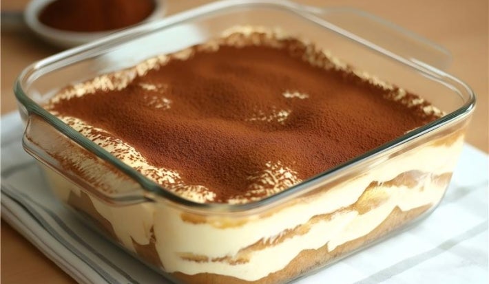 Em cima de uma mesa, refratário com porção de tiramisu com creme branco cremoso, polvilhado com cacau em pó.