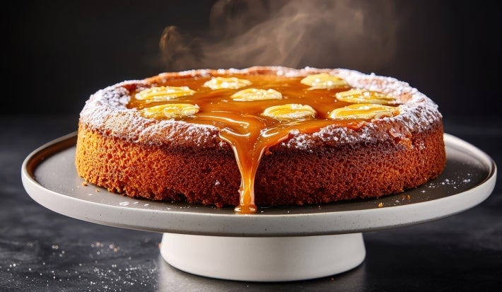 Bolo de banana coberto com fatias de banana e calda de caramelo escorrendo pelas laterais. O bolo está sobre um prato de bolo branco, e há açúcar de confeiteiro polvilhado nas bordas. O vapor saindo do topo mostra que o bolo está quentinho.