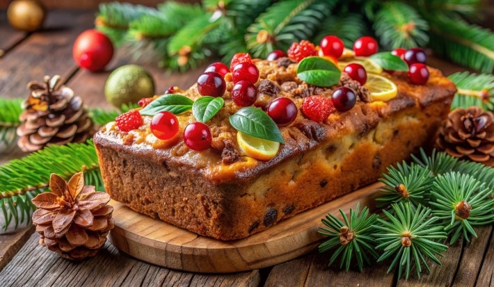 Um bolo retangular de frutas, decorado com frutas vermelhas frescas, fatias de limão e folhas verdes. Ele está sobre uma tábua de madeira, cercado por pinhas e galhos de pinheiro, criando uma atmosfera típica do Natal. A aparência é rústica e festiva.