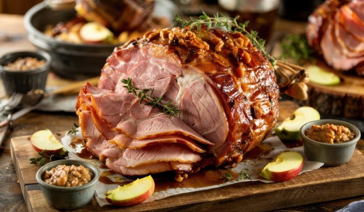 Fotografia em tons claros de um tender com lagumas fatias ultrafinas cortadas sobre uma tábua de madeira com tomilhos, pedaços de maçã e um molho rústico em dois recipiente pequenos e fundos. Fotografia em tons claros de um tender com lagumas fatias ultrafinas cortadas sobre uma tábua de madeira com tomilhos, pedaços de maçã e um molho rústico em dois recipiente pequenos e fundos.