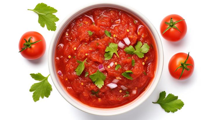 Fotografia vista de cima em tons claros de um recipiente branco fundo com molho de tomate caseiro rústico. Por cima do molho tem coentro, e ao lado do recipiente, tem alguns tomates inteiros e folhas de salsinha, e estão sobre uma mesa branca.